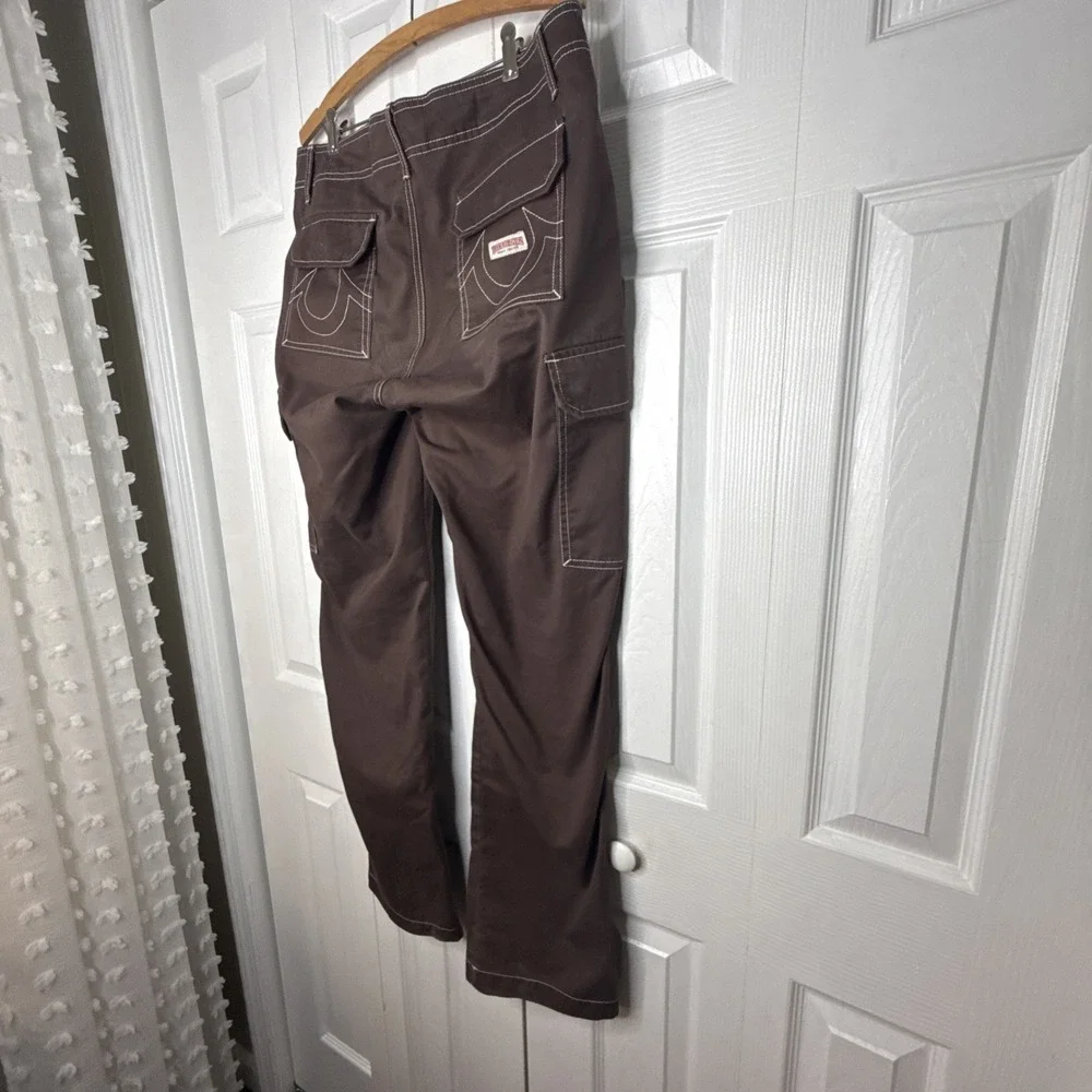 True Religion Baggy Cargo Pants 31 Brown Contrast Stitch Horseshoe Y2K Hip Hop